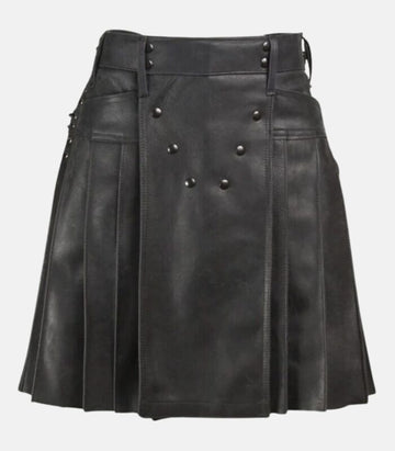 Classic Black Leather Pleated Kilt with Pockets