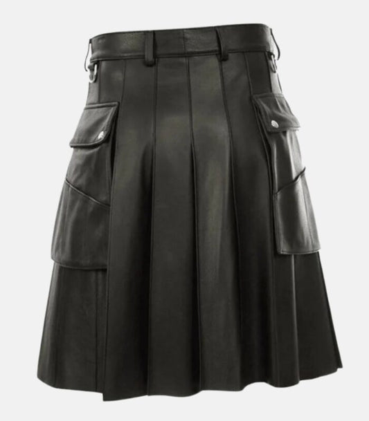 Classic Black Leather Pleated Kilt with Pockets