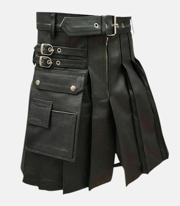 Classic Black Leather Pleated Kilt with Zipper Closure