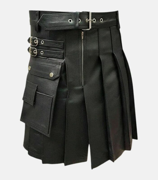 Classic Black Leather Pleated Kilt with Zipper Closure