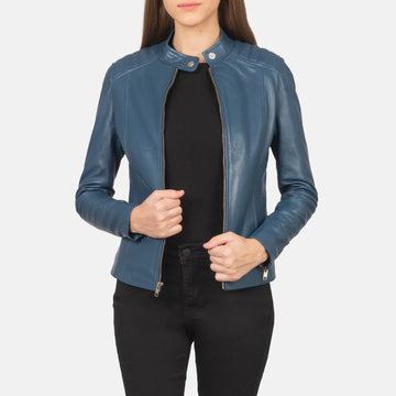 Classic Blue Sheepskin Leather Biker Jacket with Button-Band Collar