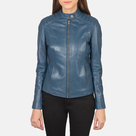 Classic Blue Sheepskin Leather Biker Jacket with Button-Band Collar