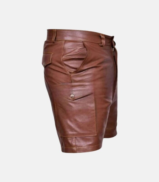 Classic Brown Leather Shorts with Button & Zip Closure