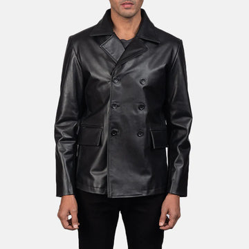 Cowhide Black Leather Naval Peacoat with Notch Collar