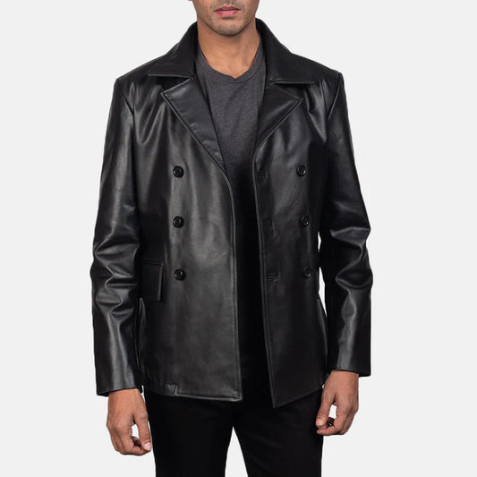 Cowhide Black Leather Naval Peacoat with Notch Collar
