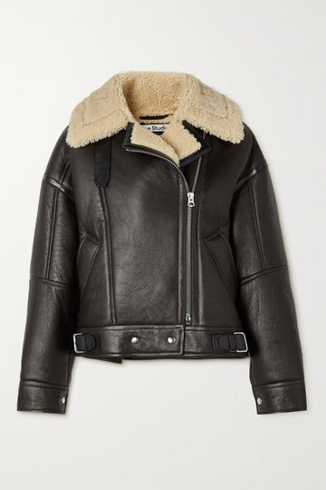 Dark Brown Shearling Aviator-Styled Leather Jacket with Long sleeves