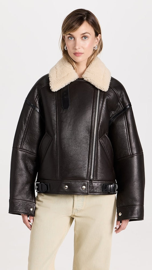 Dark Brown Shearling Aviator-Styled Leather Jacket with Long sleeves
