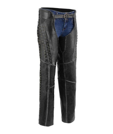 Distressed Black Leather Chaps with Lace and Rubbed Seams