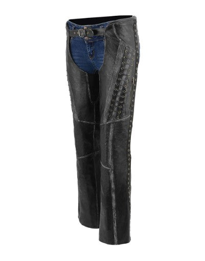 Distressed Black Leather Chaps with Lace and Rubbed Seams