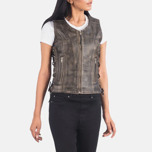 Distressed Brown Goatskin Leather Biker Vest with Laced Sides