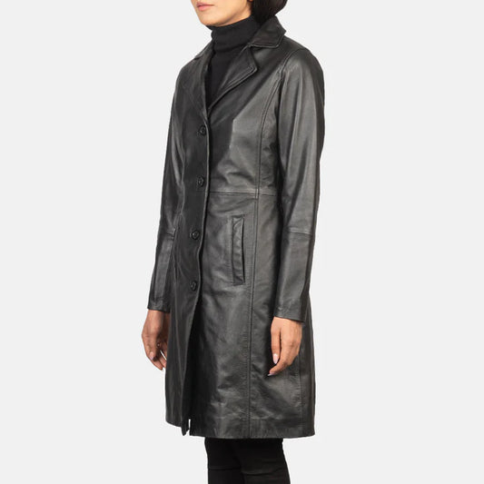 Vesper Black Leather Trench Coat with Notch Collar & Quilted Lining