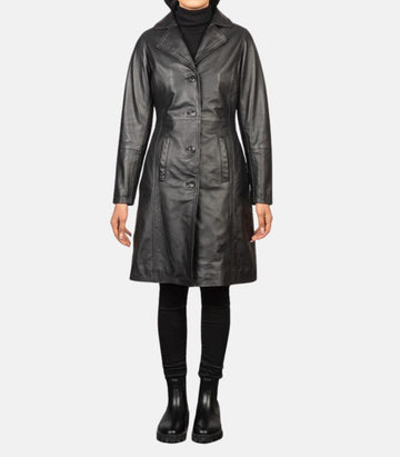 Vesper Black Leather Trench Coat with Notch Collar & Quilted Lining