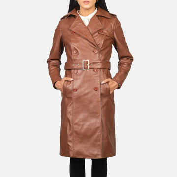 Double Breasted Brown Leather Coat with Quilted Lining & Epaulettes