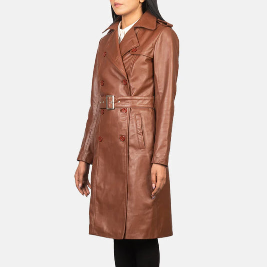 Double Breasted Brown Leather Coat with Quilted Lining & Epaulettes