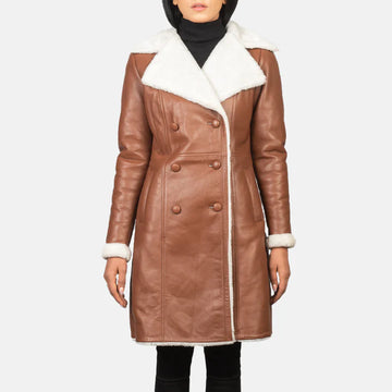 Double Breasted Sheepskin Coat with Burnished Leather Finish