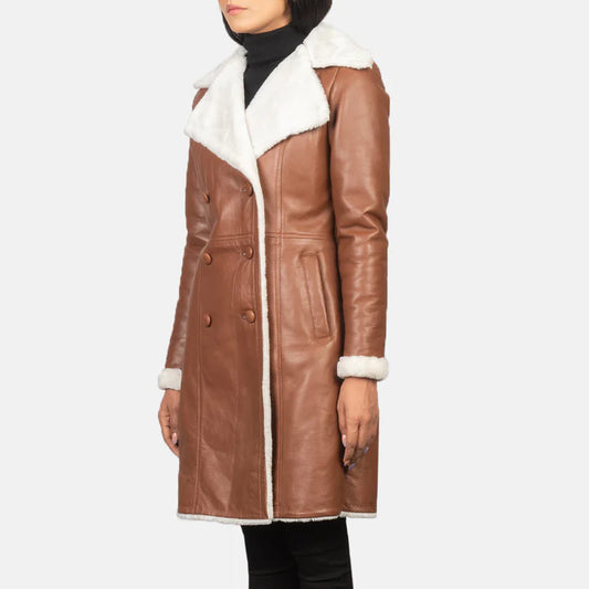 Double Breasted Sheepskin Coat with Burnished Leather Finish
