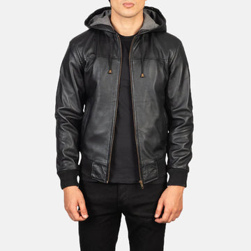 Drift Black Hooded Leather Bomber Jacket with Fleece Lining