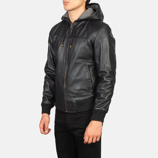 Drift Black Hooded Leather Bomber Jacket with Fleece Lining