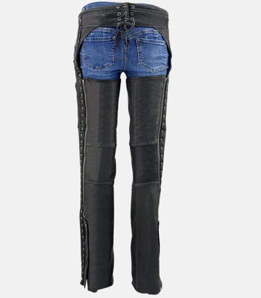 Durable Black Leather Chaps with Adjustable Belt & YKK Zippers