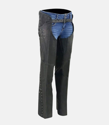 Durable Black Leather Chaps with Adjustable Belt & YKK Zippers