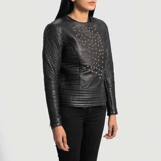 Edgy Studded Black Leather Jacket with Quilted Lining