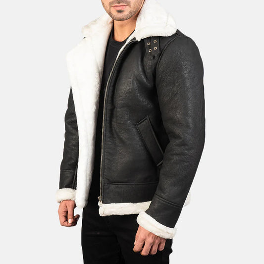 Garrick B-3 Distressed Black Leather Bomber Jacket with Buckled Collar