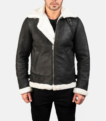 Garrick B-3 Distressed Black Leather Bomber Jacket with Buckled Collar