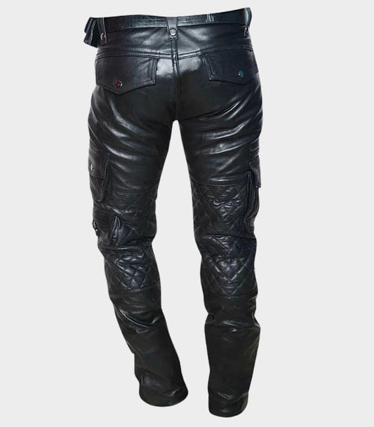 Genuine Leather Men’s Cargo Trouser Pant with Stylish Quilted Details