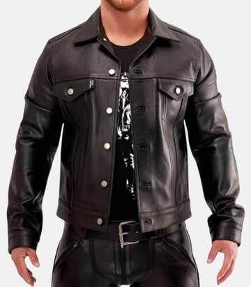 Genuine Leather Shirt with Front Flap Button Closure and Pockets