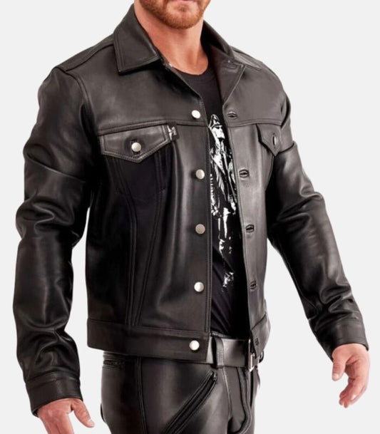 Genuine Leather Shirt with Front Flap Button Closure and Pockets