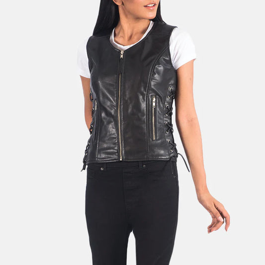 Goatskin Leather Biker Vest with Adjustable Side Laces