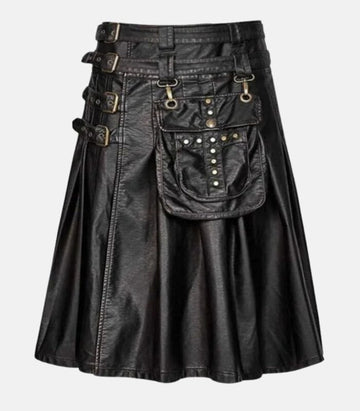 Gothic-Inspired Black Leather Kilt in Durable Cowhide Finish