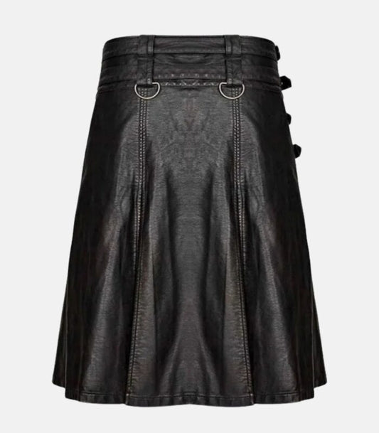 Gothic-Inspired Black Leather Kilt in Durable Cowhide Finish