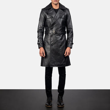 Grayson Black Leather Duster Coat with Double-Breasted Button Front