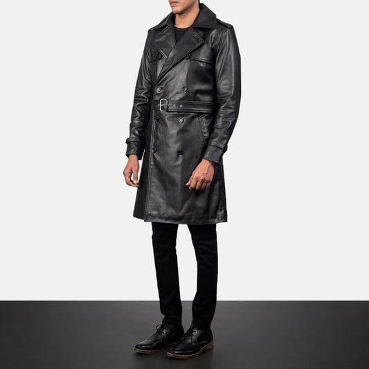 Grayson Black Leather Duster Coat with Double-Breasted Button Front