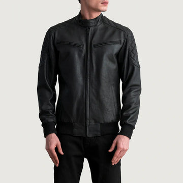 Griffin Tumbled Black Bomber Leather Jacket with Snap Button Collar