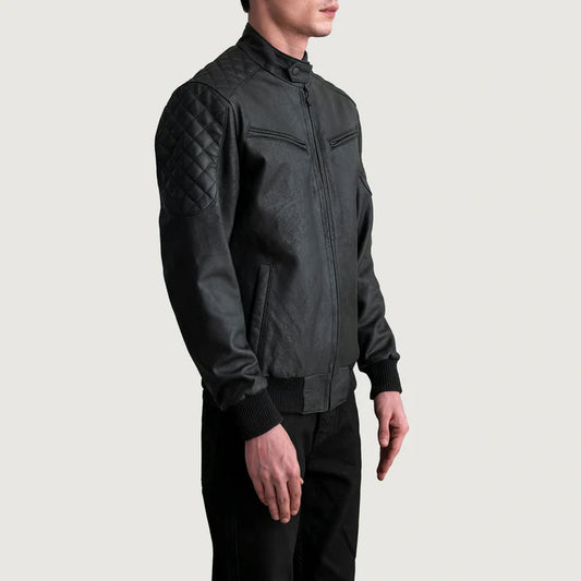 Griffin Tumbled Black Bomber Leather Jacket with Snap Button Collar