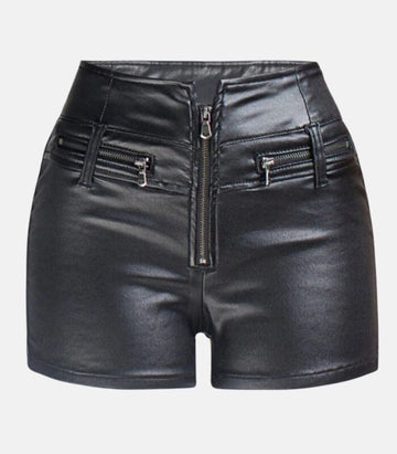 Handcrafted, Slim Fit Black Leather Shorts with Zippered Pockets