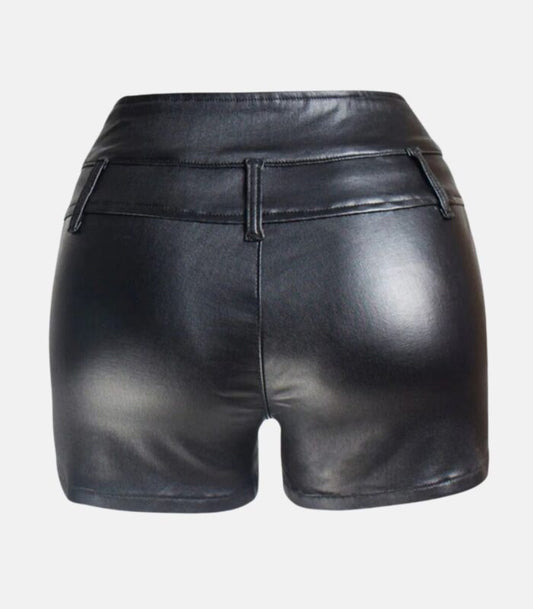 Handcrafted, Slim Fit Black Leather Shorts with Zippered Pockets