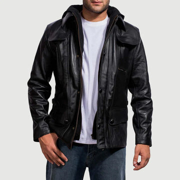 Harbinger Hooded Black Cowhide Leather Jacket with Button Flap