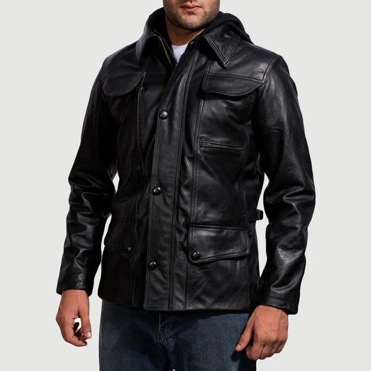 Harbinger Hooded Black Cowhide Leather Jacket with Button Flap