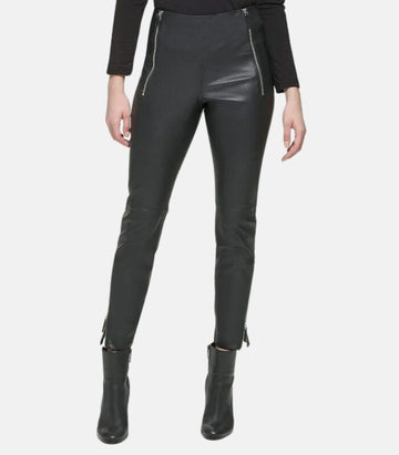 High-Waisted Black Leather Trousers with Long striking Side Zippers