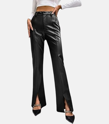 High-Waisted Black Leather pants with Unique Front Bottom Cut