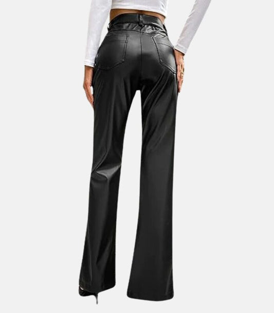 High-Waisted Black Leather pants with Unique Front Bottom Cut
