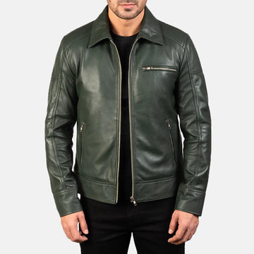 Hunter Green Sheepskin Leather Biker Jacket with Zipper Closure