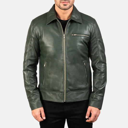 Hunter Green Sheepskin Leather Biker Jacket with Zipper Closure