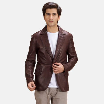 Kingsley Maroon Leather Blazer in Sheepskin with Button Closure