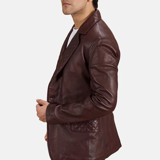 Kingsley Maroon Leather Blazer in Sheepskin with Button Closure
