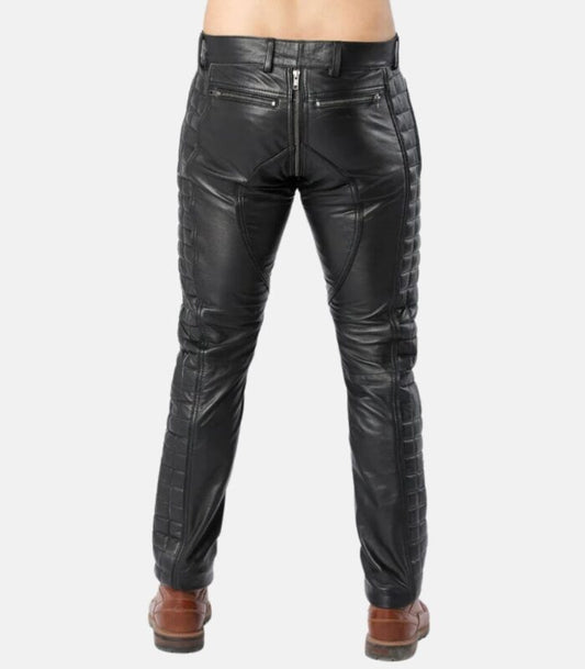 Leather Black Slim Fit Pants with Quilted Back Zipper