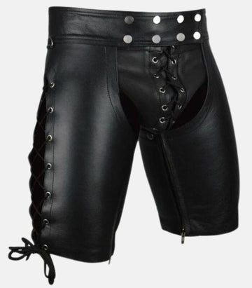Leather Riders Shorts with YKK Zippers and Lace-Up Detailing